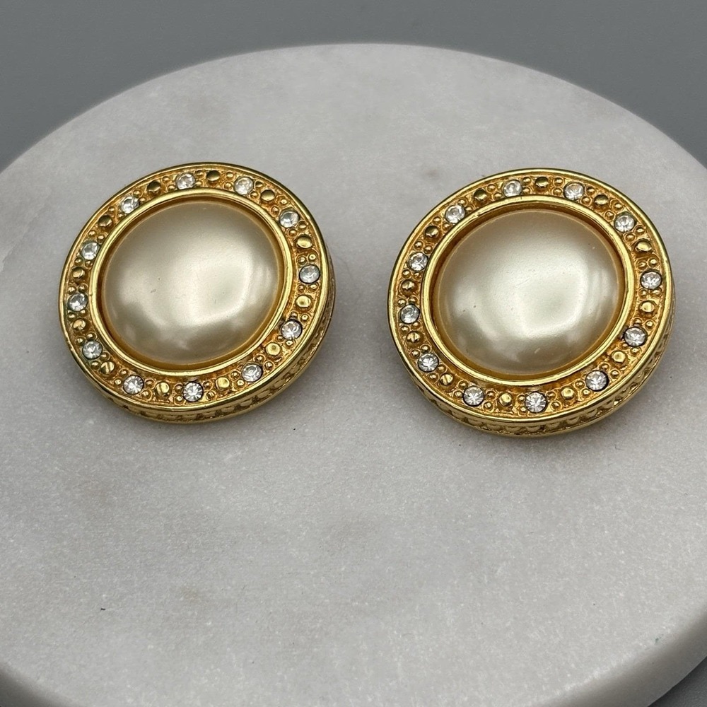 Vintage Liz Claiborne Clip On Earrings Faux Pearl Rhinestones Old Money